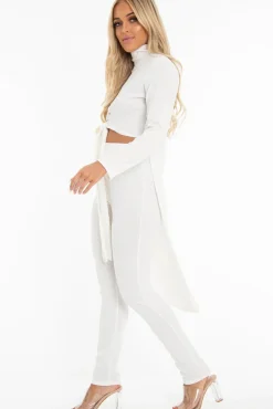 Rebellious Fashion White Rib Asymmetric Tie Front Top Legging Loungewear Co-Ord - Sasha
