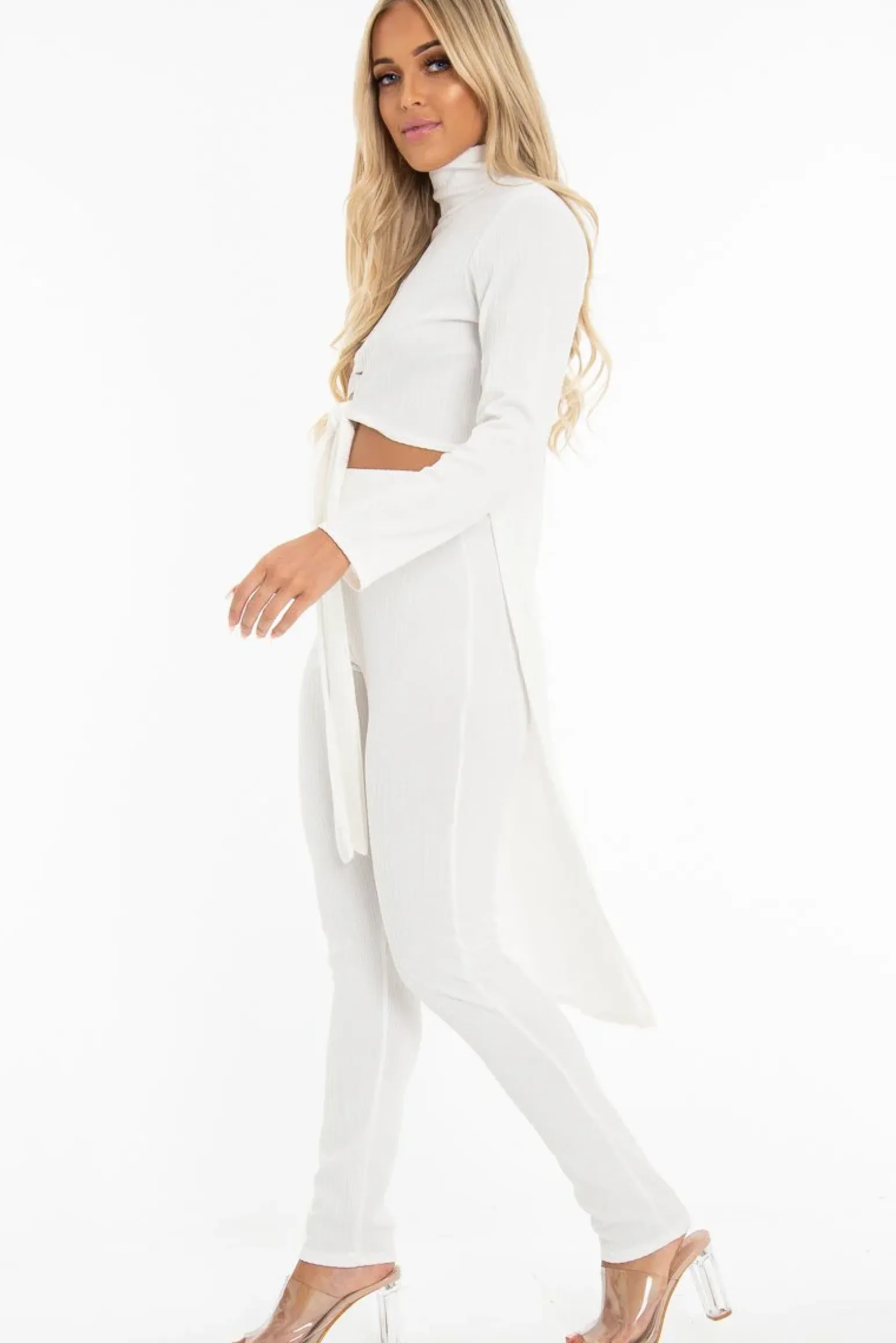 Rebellious Fashion White Rib Asymmetric Tie Front Top Legging Loungewear Co-Ord - Sasha