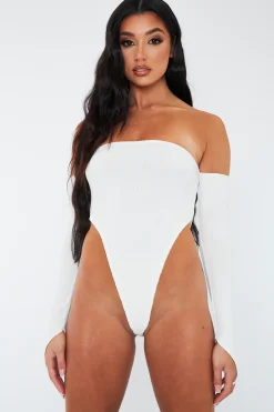 Rebellious Fashion White Rib Bardot Bodysuit - Edith
