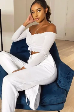 Rebellious Fashion White Ribbed Bardot Crop Top - Daniah