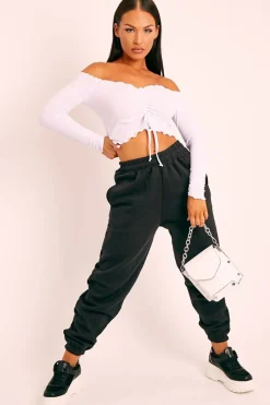 Rebellious Fashion White Ribbed Bardot Crop Top - Daniah