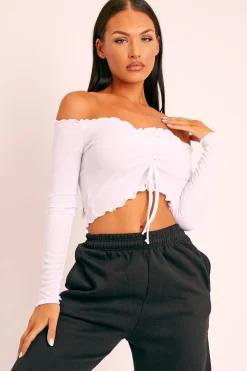 Rebellious Fashion White Ribbed Bardot Crop Top - Daniah