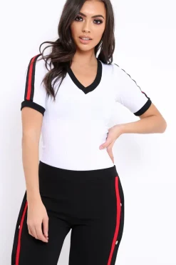 Rebellious Fashion White Ribbed Bodysuit with Contrast Trim - Libi