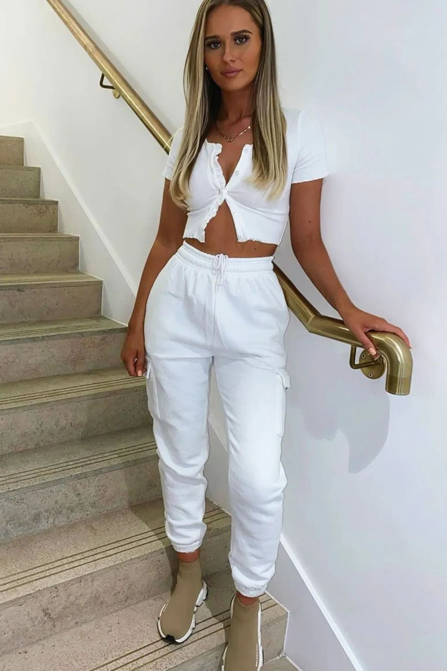 Rebellious Fashion White Ribbed ButtonFrill Hem Crop Top - Pennie
