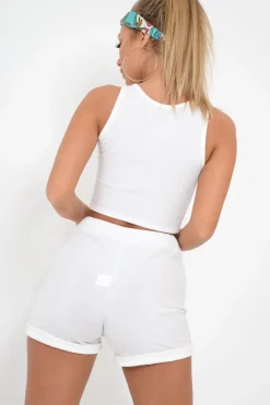 Rebellious Fashion White Ribbed Button Top And Shorts Co-ord - Kenidi