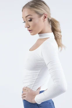 Rebellious Fashion White Ribbed Choker Cut Out Crop Top - Mary