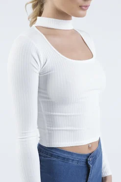 Rebellious Fashion White Ribbed Choker Cut Out Crop Top - Mary