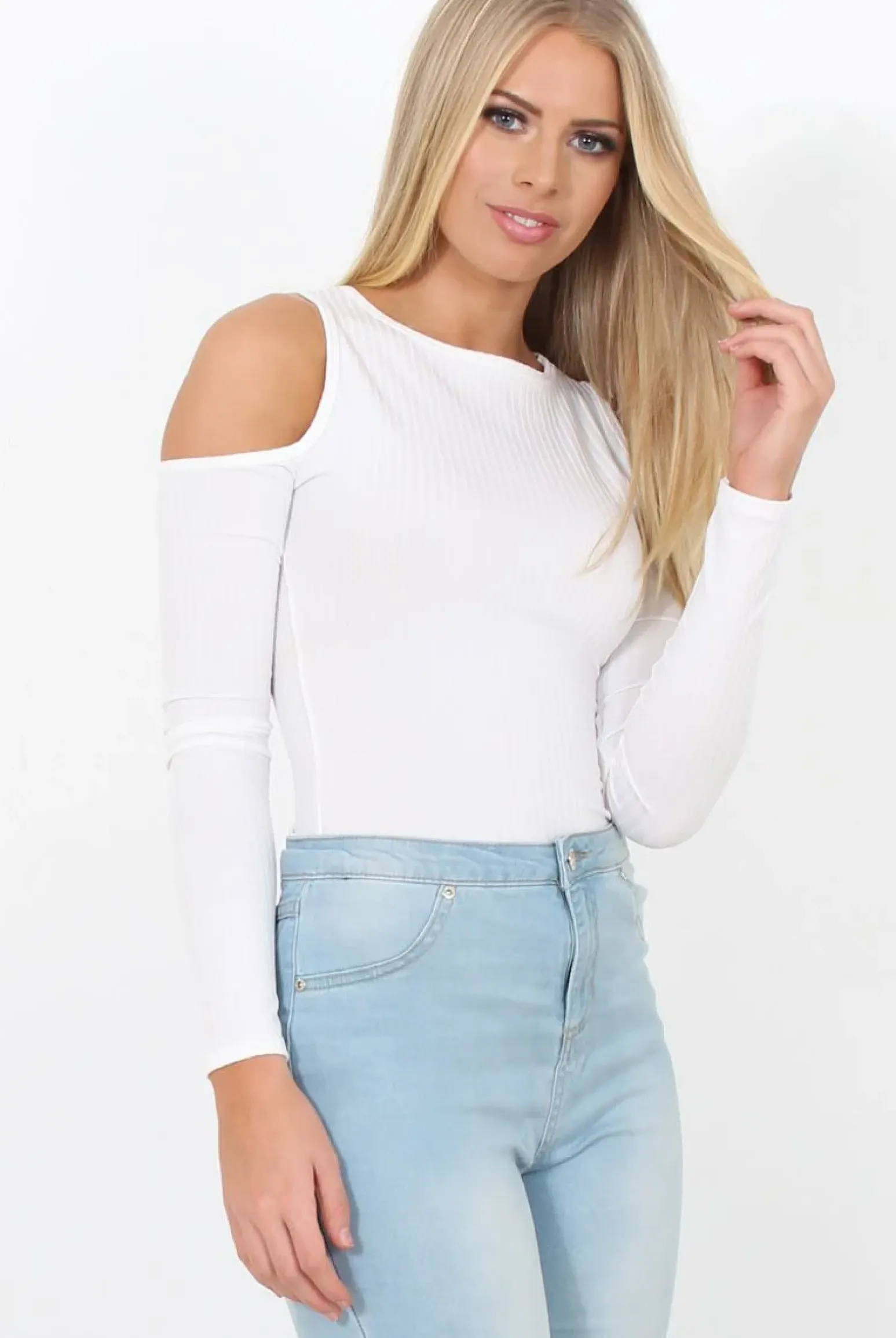 Rebellious Fashion White Ribbed Cold Shoulder Bodysuit - Gigi