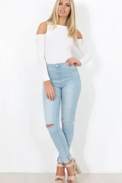 Rebellious Fashion White Ribbed Cold Shoulder Bodysuit - Gigi