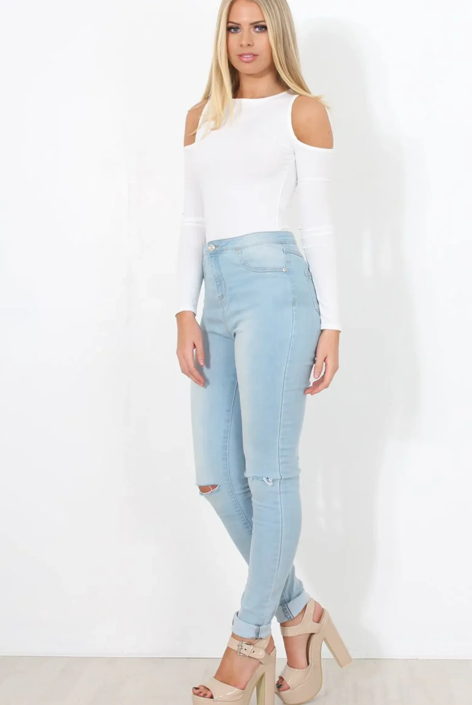Rebellious Fashion White Ribbed Cold Shoulder Bodysuit - Gigi
