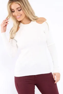 Rebellious Fashion White Ribbed Cold Shoulder Jumper - Briella