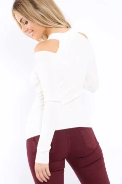 Rebellious Fashion White Ribbed Cold Shoulder Jumper - Briella