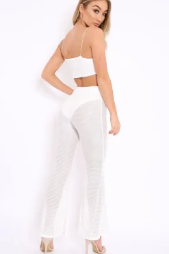 Rebellious Fashion White Ribbed Crop Top and Sheer Trousers Co-ord - Nayana