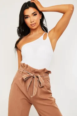 Rebellious Fashion White Ribbed Double Strap One Shoulder Bodysuit - Lavia