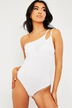 Rebellious Fashion White Ribbed Double Strap One Shoulder Bodysuit - Lavia