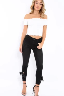 Rebellious Fashion White Ribbed Frill Hem Bardot Crop Top - Adelle