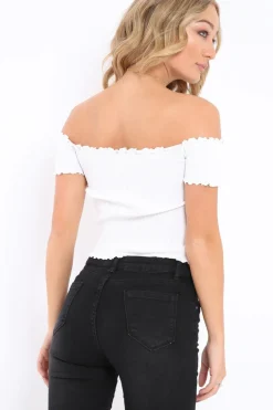 Rebellious Fashion White Ribbed Frill Hem Bardot Crop Top - Adelle