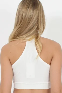 Rebellious Fashion White Ribbed High Neck Split Front Crop Top - Katla