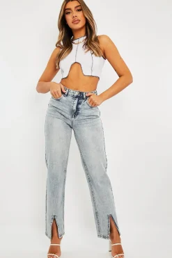 Rebellious Fashion White Ribbed Notch Contrast Stitch Crop Top - Rinnah