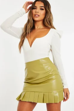 Rebellious Fashion White Ribbed Plunge Puff Sleeve Bodysuit - Saffy