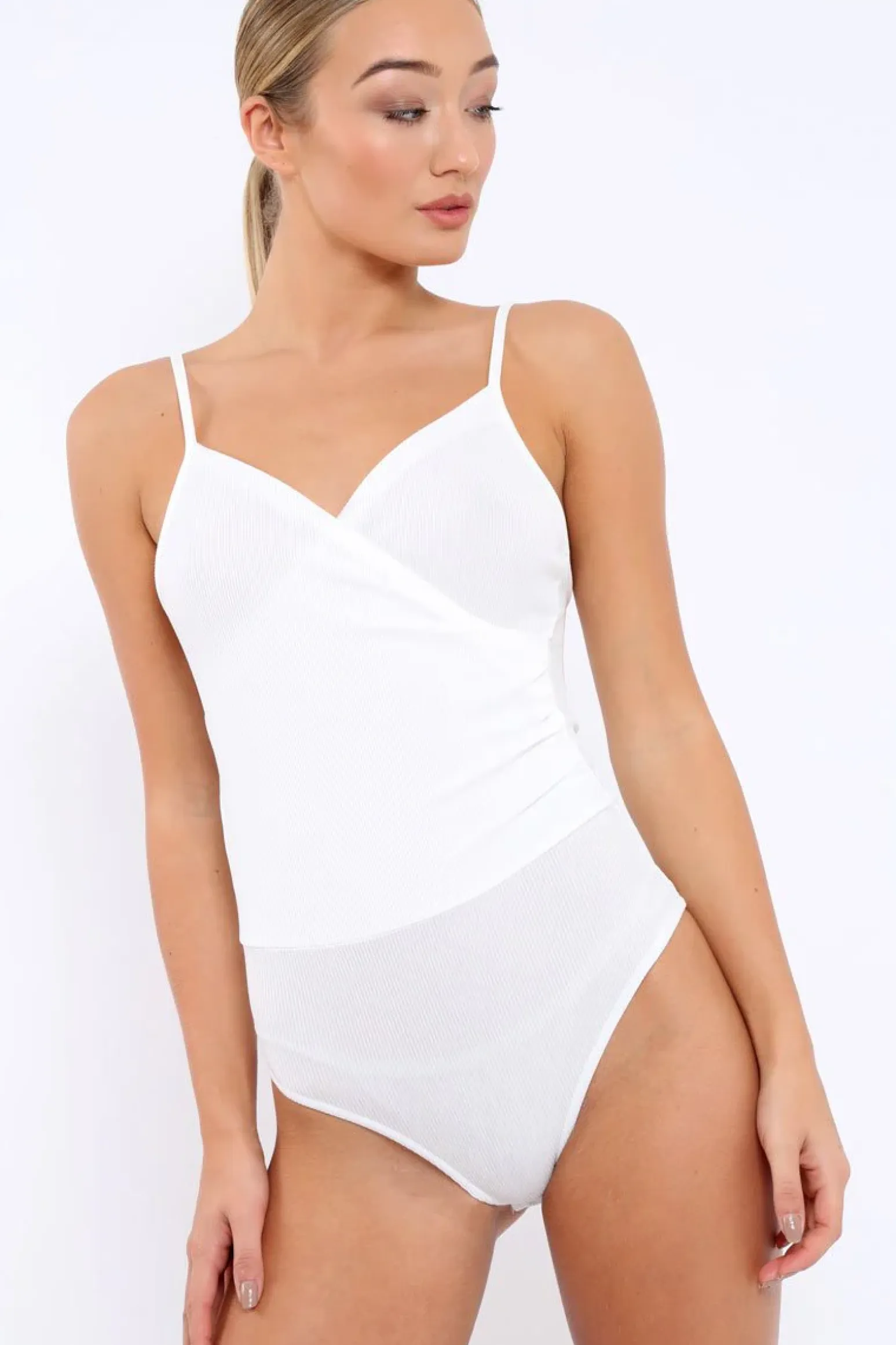 Rebellious Fashion White Ribbed Plunge Wrap Bodysuit - Abriana