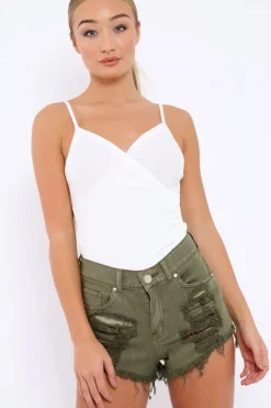 Rebellious Fashion White Ribbed Plunge Wrap Bodysuit - Abriana
