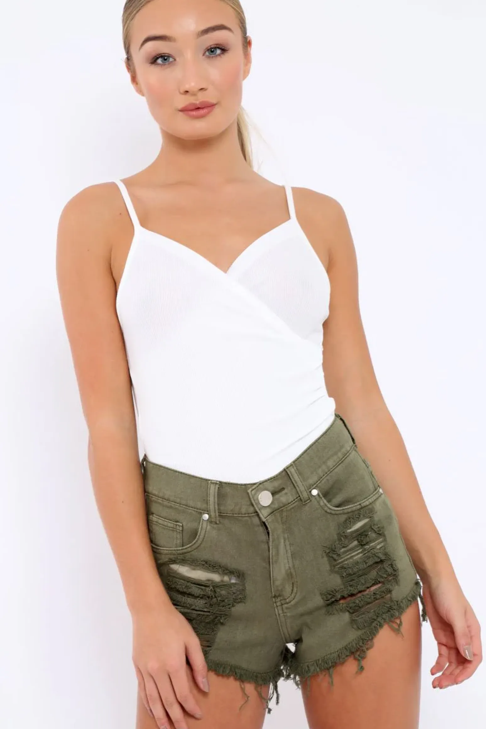 Rebellious Fashion White Ribbed Plunge Wrap Bodysuit - Abriana