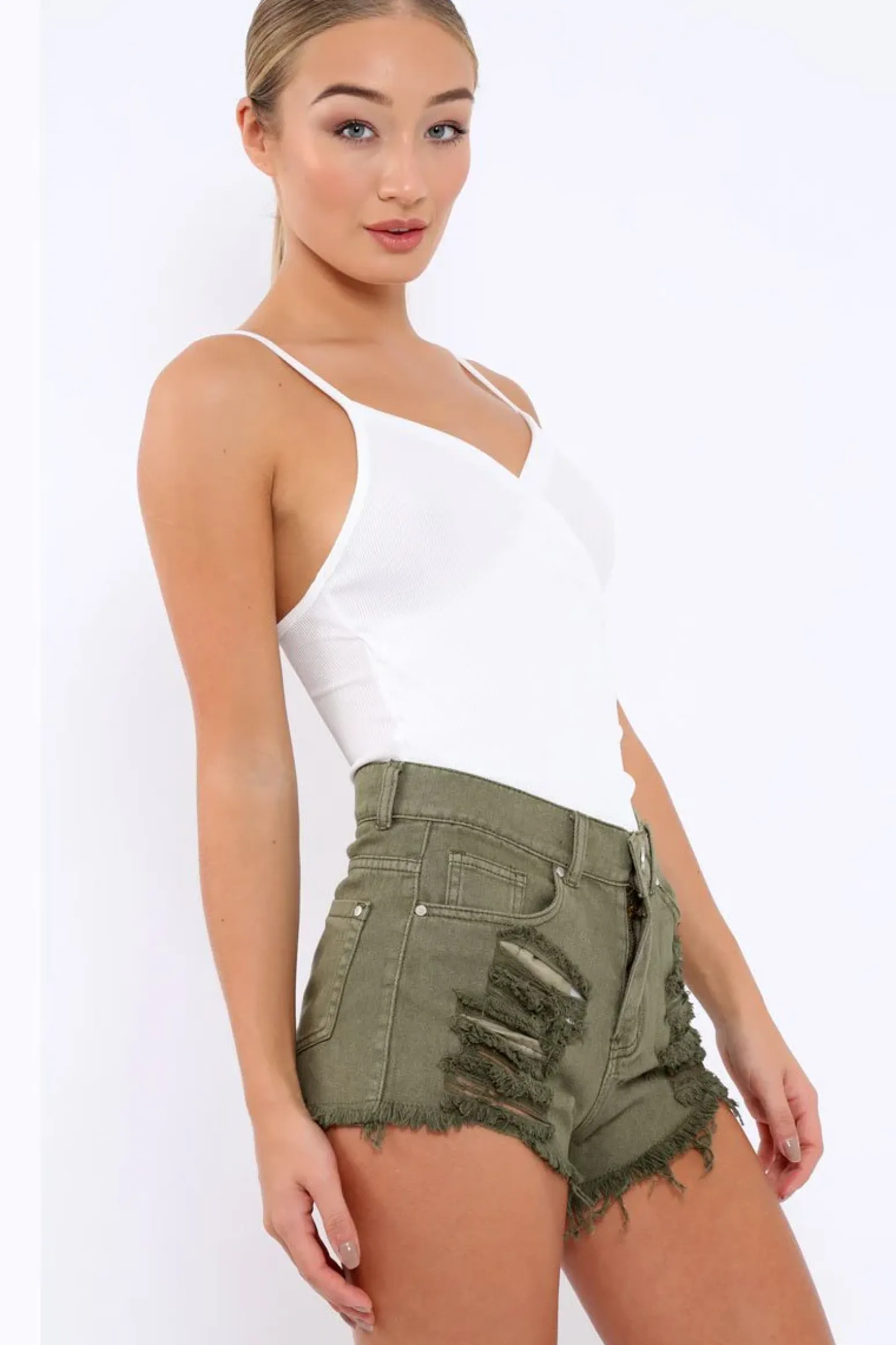 Rebellious Fashion White Ribbed Plunge Wrap Bodysuit - Abriana