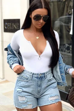 Rebellious Fashion White Ribbed Ring Zip Bodysuit - Odessie