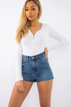 Rebellious Fashion White Ribbed Ring Zip Bodysuit - Odessie