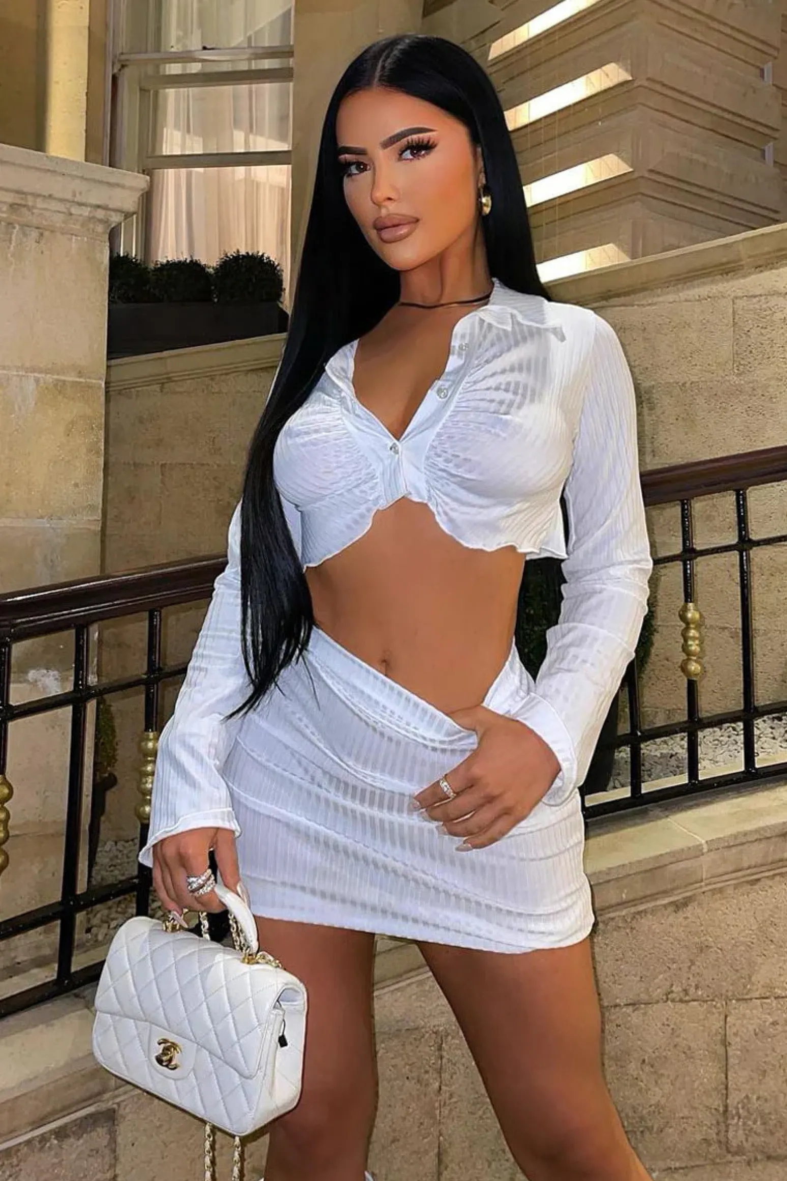 Rebellious Fashion White Rib Button Up Crop Top & Mini Skirt Set - Neha