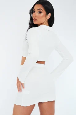Rebellious Fashion White Rib Button Up Crop Top & Mini Skirt Set - Neha