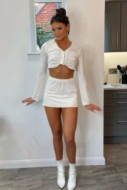 Rebellious Fashion White Rib Button Up Crop Top & Mini Skirt Set - Neha