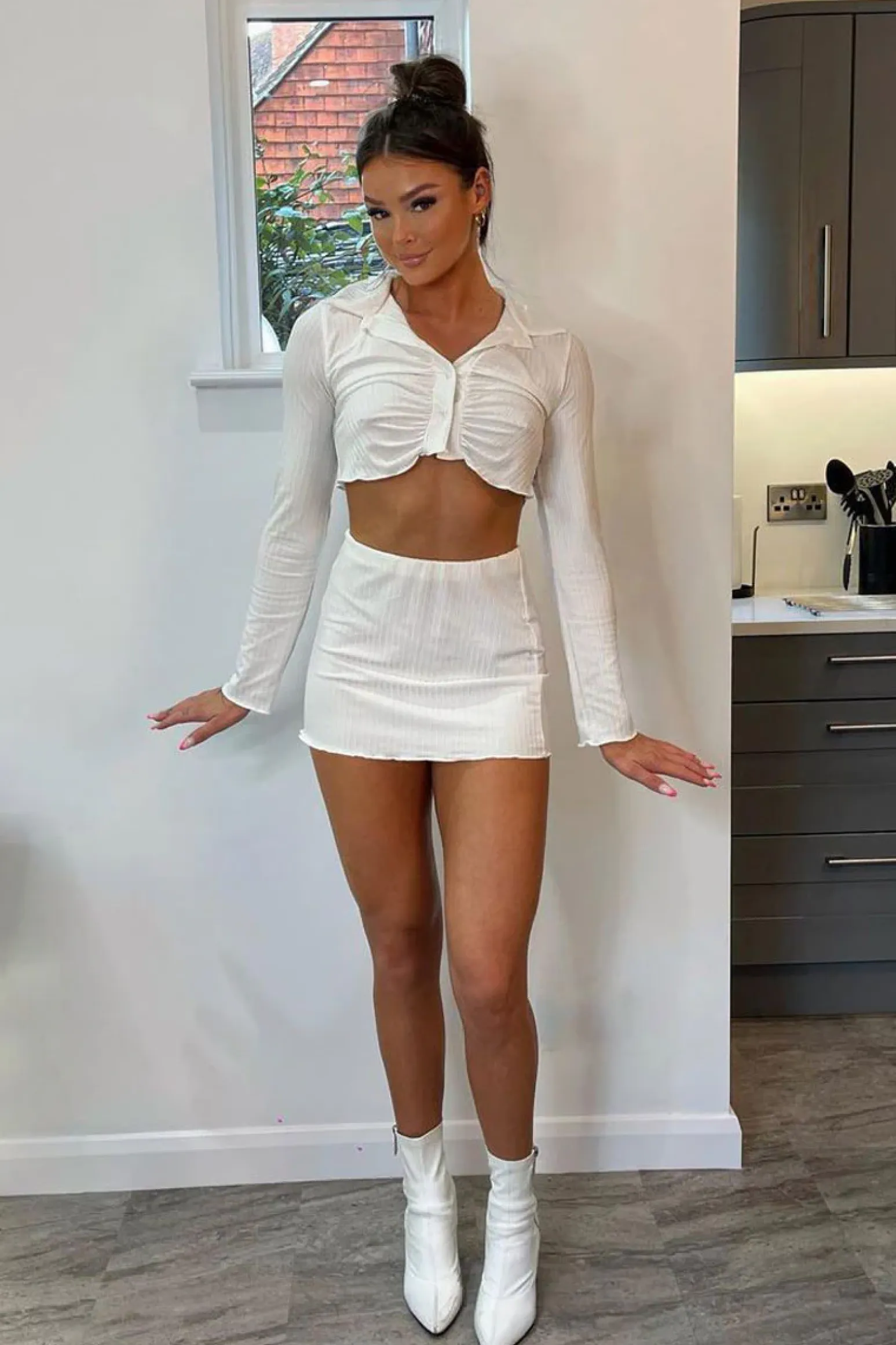 Rebellious Fashion White Rib Button Up Crop Top & Mini Skirt Set - Neha