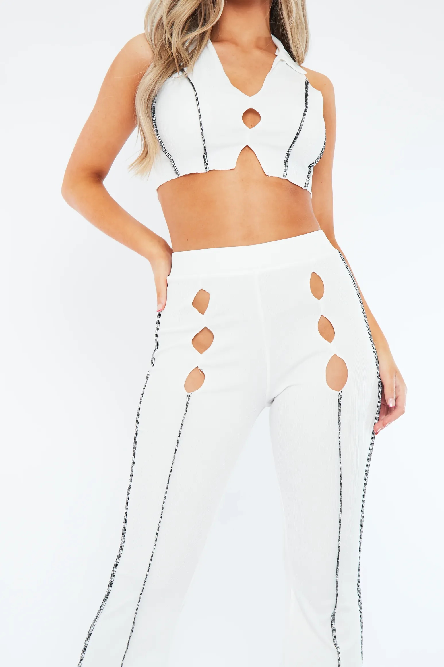 Rebellious Fashion White Rib Contrast Seam Crop Top & Flare Trouser Set - Beena