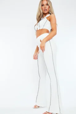 Rebellious Fashion White Rib Contrast Seam Crop Top & Flare Trouser Set - Beena