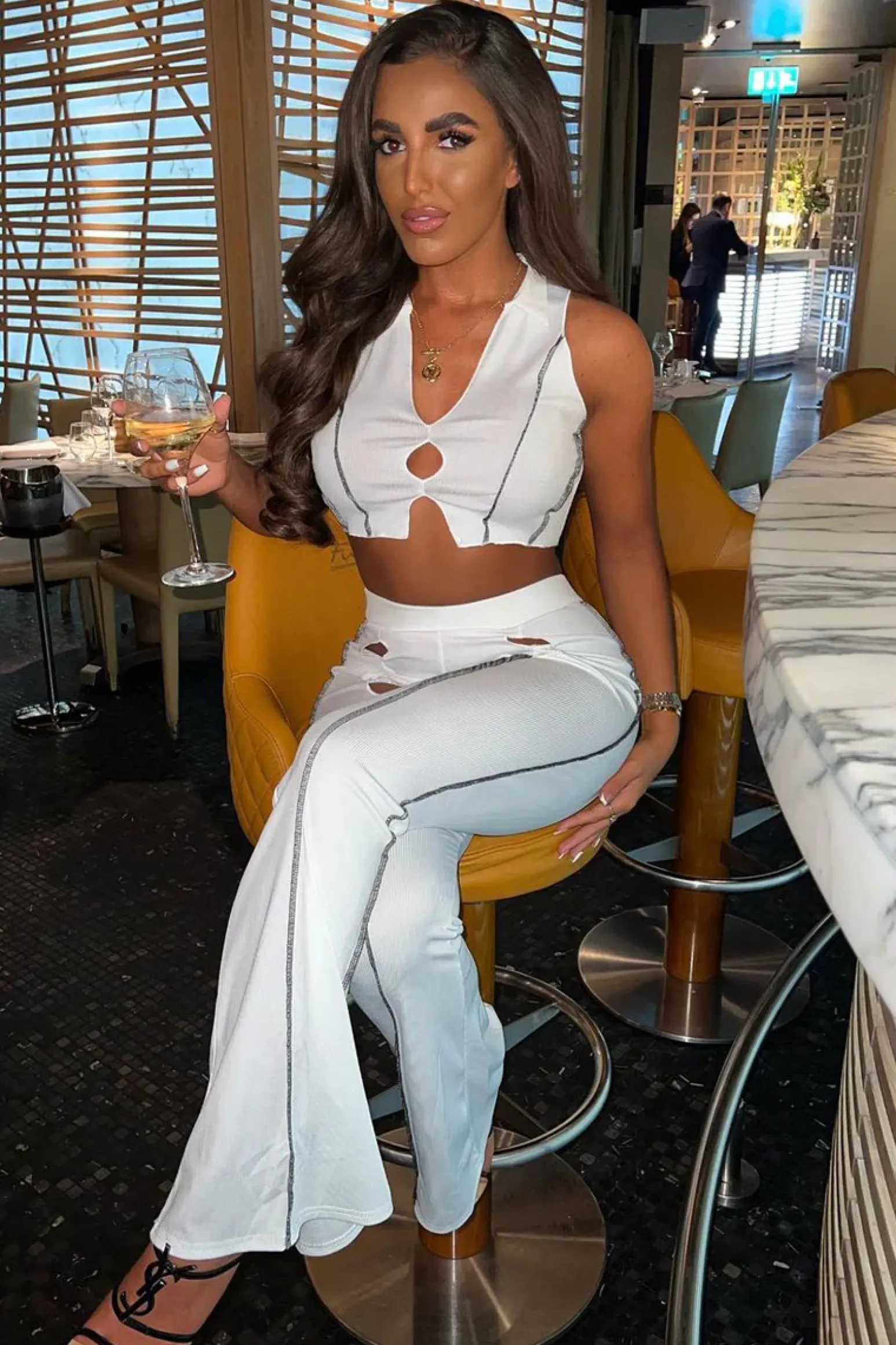 Rebellious Fashion White Rib Contrast Seam Crop Top & Flare Trouser Set - Beena
