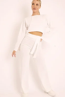 Rebellious Fashion White Rib Crop Jumper Tie Wide Leg Trousers Loungewear Co-Ord - Mirabel