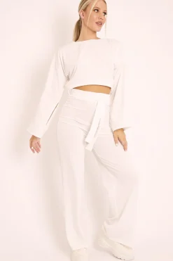 Rebellious Fashion White Rib Crop Jumper Tie Wide Leg Trousers Loungewear Co-Ord - Mirabel