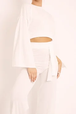 Rebellious Fashion White Rib Crop Jumper Tie Wide Leg Trousers Loungewear Co-Ord - Mirabel