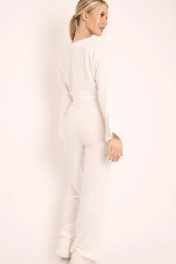 Rebellious Fashion White Rib Crop Jumper Tie Wide Leg Trousers Loungewear Co-Ord - Mirabel