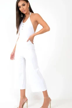 Rebellious Fashion White Rib Halterneck Button Front Jumpsuit - Calirose