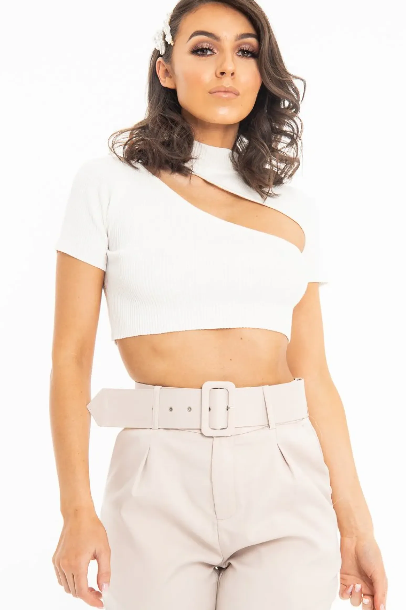 Rebellious Fashion White Rib High Neck Crop Top - Talina