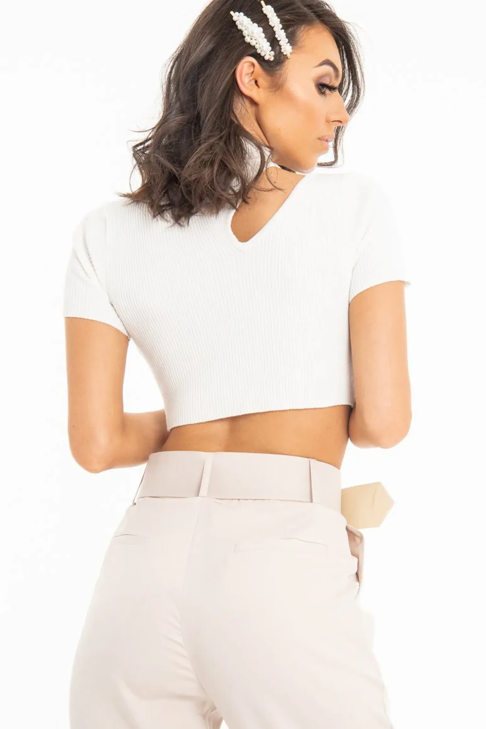 Rebellious Fashion White Rib High Neck Crop Top - Talina