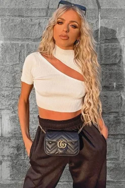 Rebellious Fashion White Rib High Neck Crop Top - Talina
