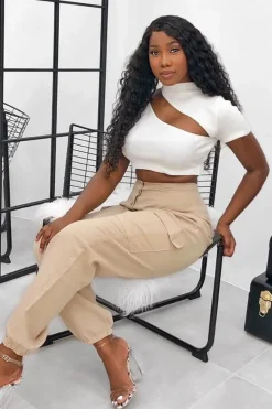 Rebellious Fashion White Rib High Neck Crop Top - Talina