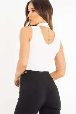 Rebellious Fashion White Rib High Neck Cut Out Back Bodysuit - Leara