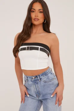 Rebellious Fashion White Rib Knit Belt Detail Bandeau Cropped Top - Dela