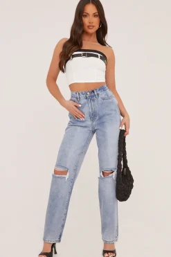 Rebellious Fashion White Rib Knit Belt Detail Bandeau Cropped Top - Dela