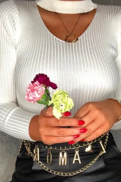 Rebellious Fashion White Rib Knit Choker Cut Out Jumper - Jamisen